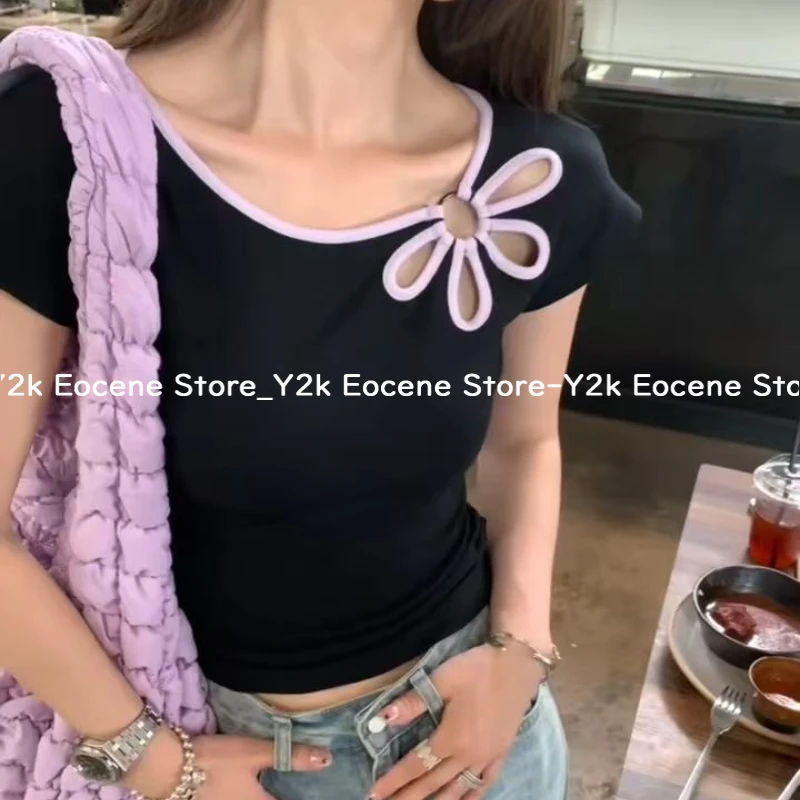 Vintage Hollow Out O-Neck Backless Tees Women Summer Grunge Casual Female Outfit Patchwork Contrast Color Crop Top Y2k Aesthetic