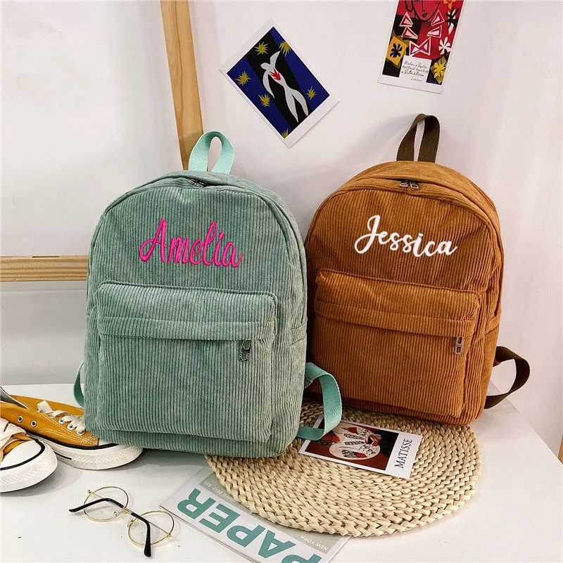 Bolsa de viaje de pana bordada personalizada, mochila escolar de gran capacidad con cualquier nombre para estudiantes y adultos