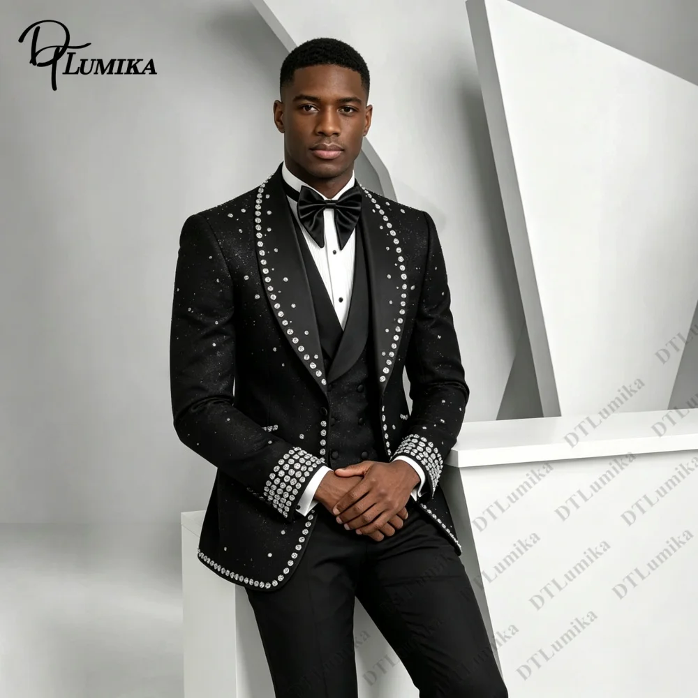 DTLumika Black Sparkle Men 3 Piece Tuxedo Rhinestone Jacket Vest Pants Set Wedding Groom Suit, Bespoke Stage Prom Formal Costume