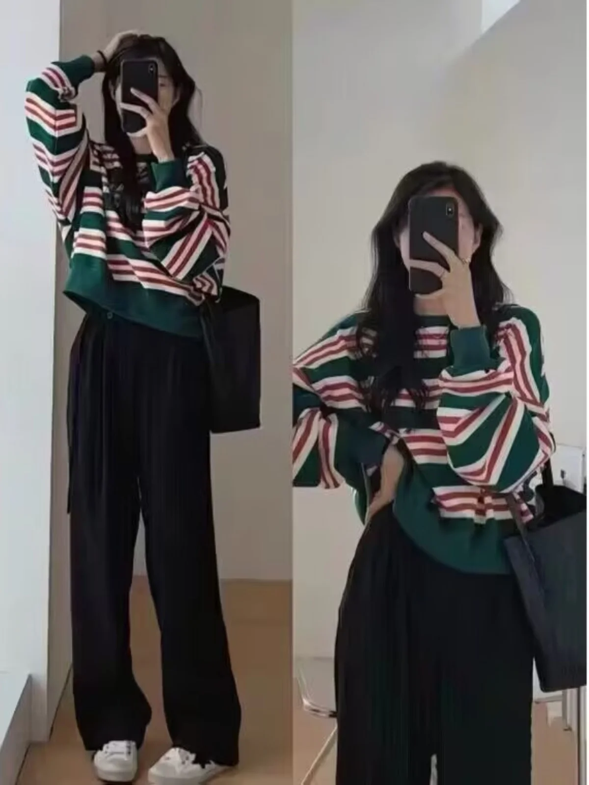 

Весенний комплект из двух предметов: свободная хлопковая кофта в полоску и брюки с широкими штанинами, повседневный стиль, круглый вырез, длинный рукав.