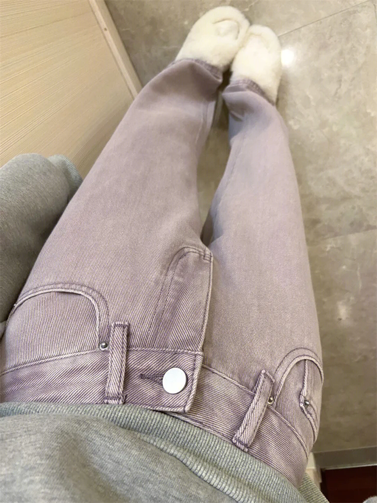 Light Purple Women Wide Leg Jeans Spring Autumn High Waist Loose Straight Denim Trousers Korean Style Chic Female Pants