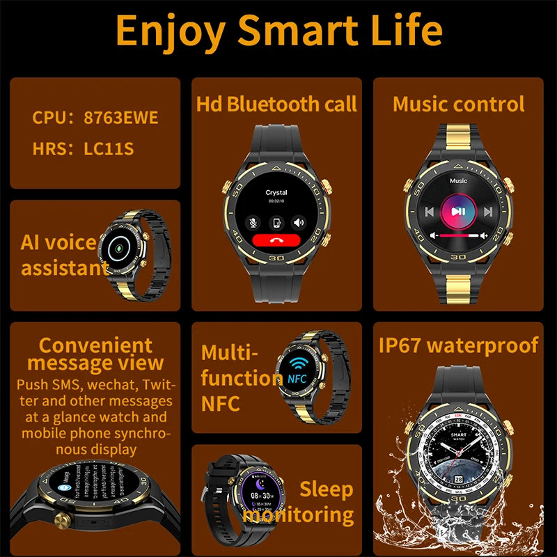 Hotsale Black Gold Stainless Steel Color Smart Watch 1.62 Inch Bt Call Nfc Wireless Charging Smartwatch