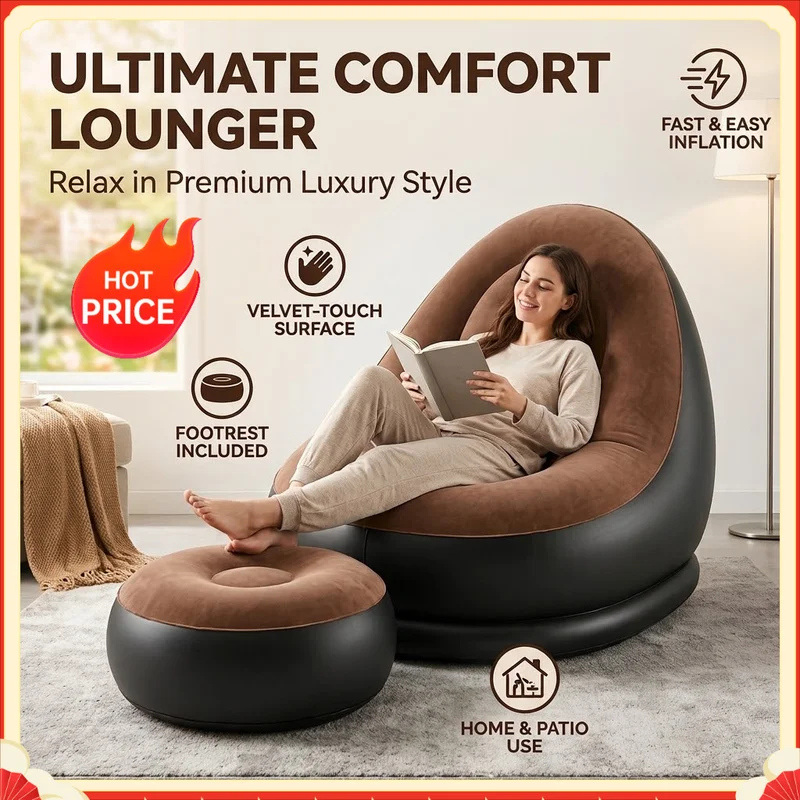 2Pcs Inflatable Chaise Lounge Portable Recliner Sofa Set with Footstool Outdoor Camping Garden Leisure Ottoman Chair