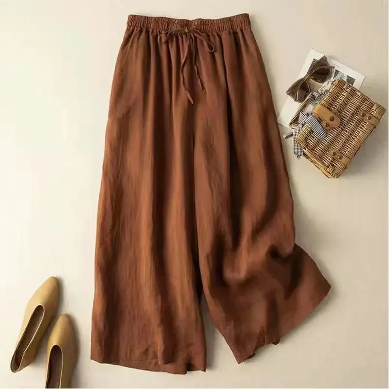 

Pop Straight Pants For Women Solid Loose Casual Vintage Summer Literary Korean Style Elastic Waist Cropped Trousers Wide Leg Pan