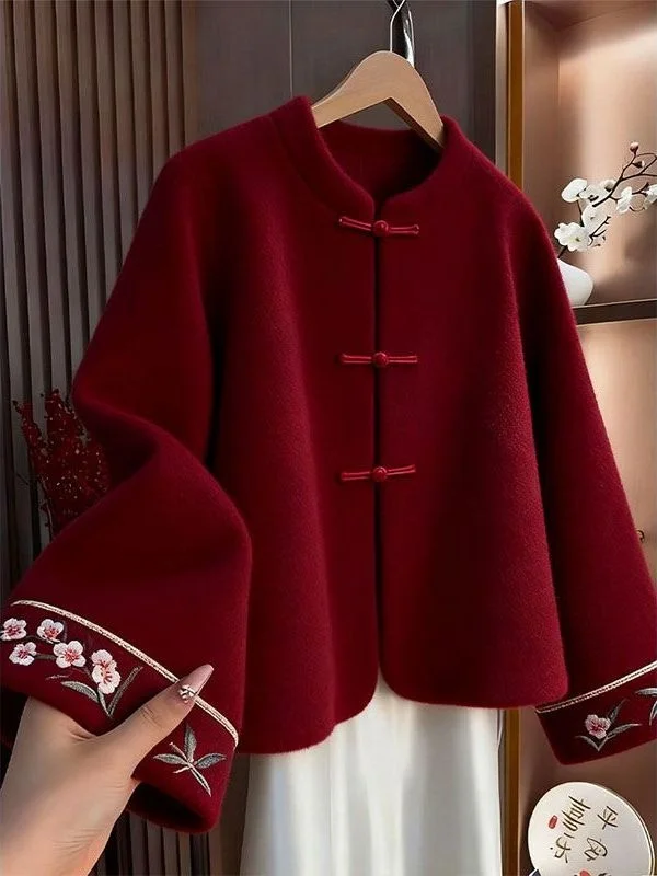 

Large Size 300 Pou New Chinese Red Woolen Jaet Men's Women's Autumn Winter Embroidered Button Stand Collar Coat