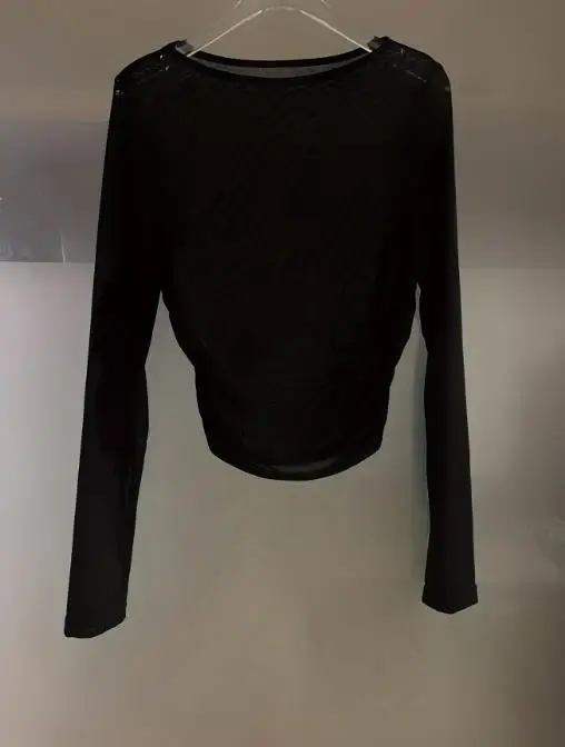 

Top Women 2025 Spring New Solid Color Fashionable Elegant Versatile Sexy Mesh See Through Round Neck Long Sleeve Slim Fit Top