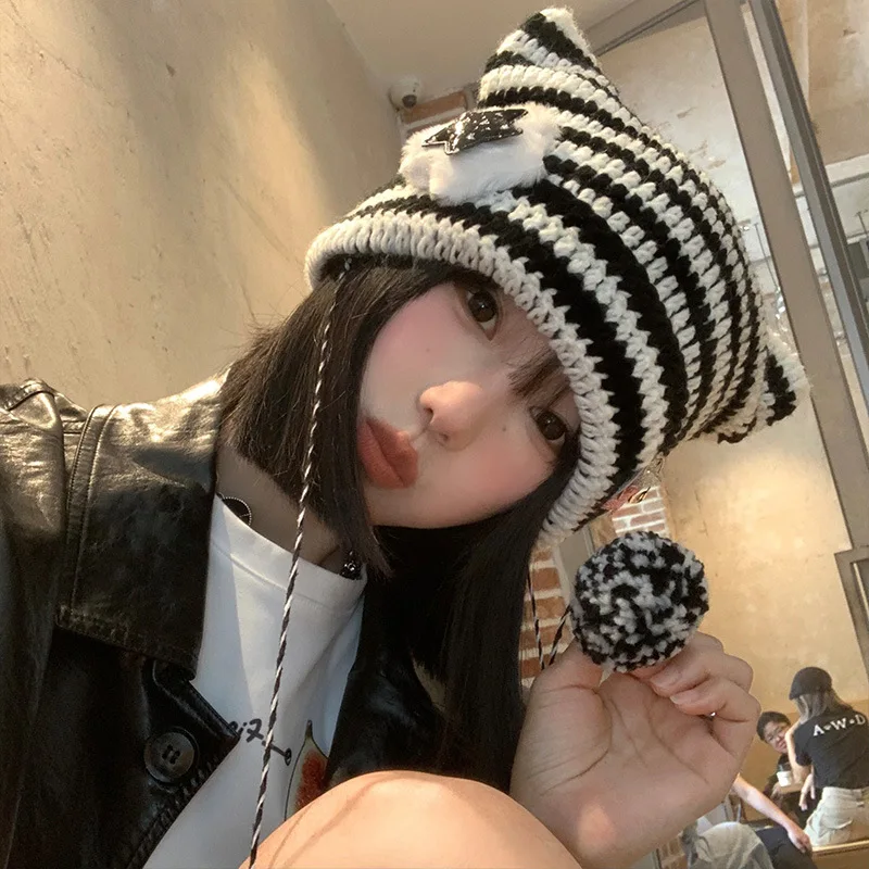 Y2K Cute Pentagram Knitted Hats for Women Korean Cat Ear Striped Knitted Beanies Autumn Winter Warm Woolen Plush Pullover Caps