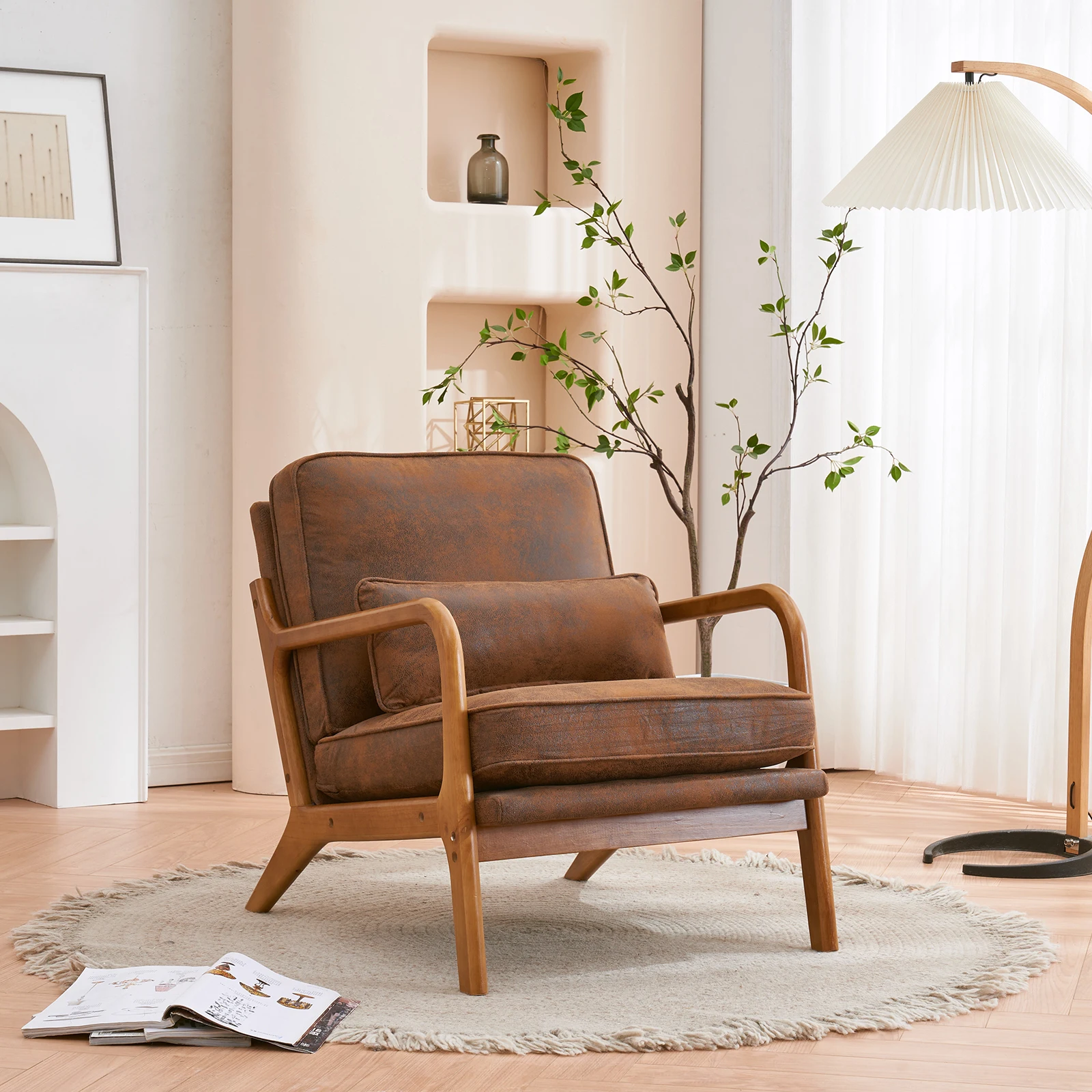 

Oak Armrest & Upholstered Orange Single Indoor Lounge Chair