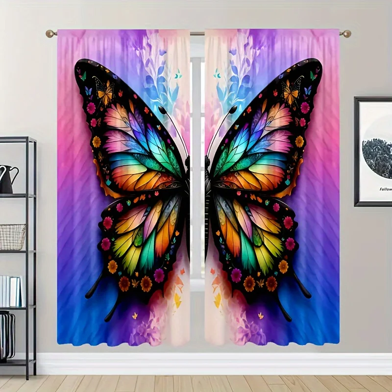 2pcs Fashionable Romantic Butterflies Pattern Curtain, Curtain Rod Pocket Window Curtains For Living Room Bedroom Room Decor