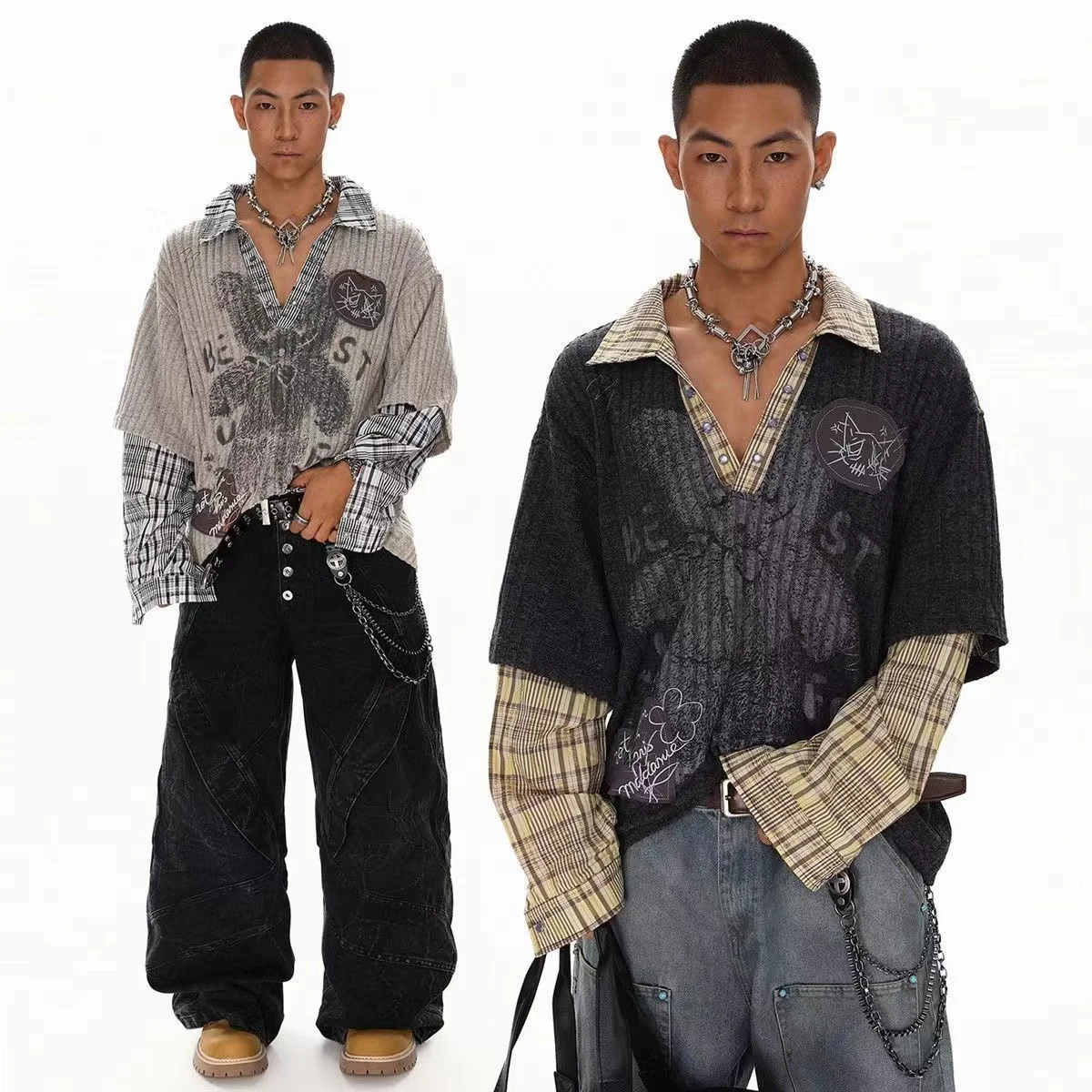 Blusa estilo punk para homens e mulheres, suéter fino de início de outono, estilo urbano, decote em V, imitação de duas peças, manga comprida.