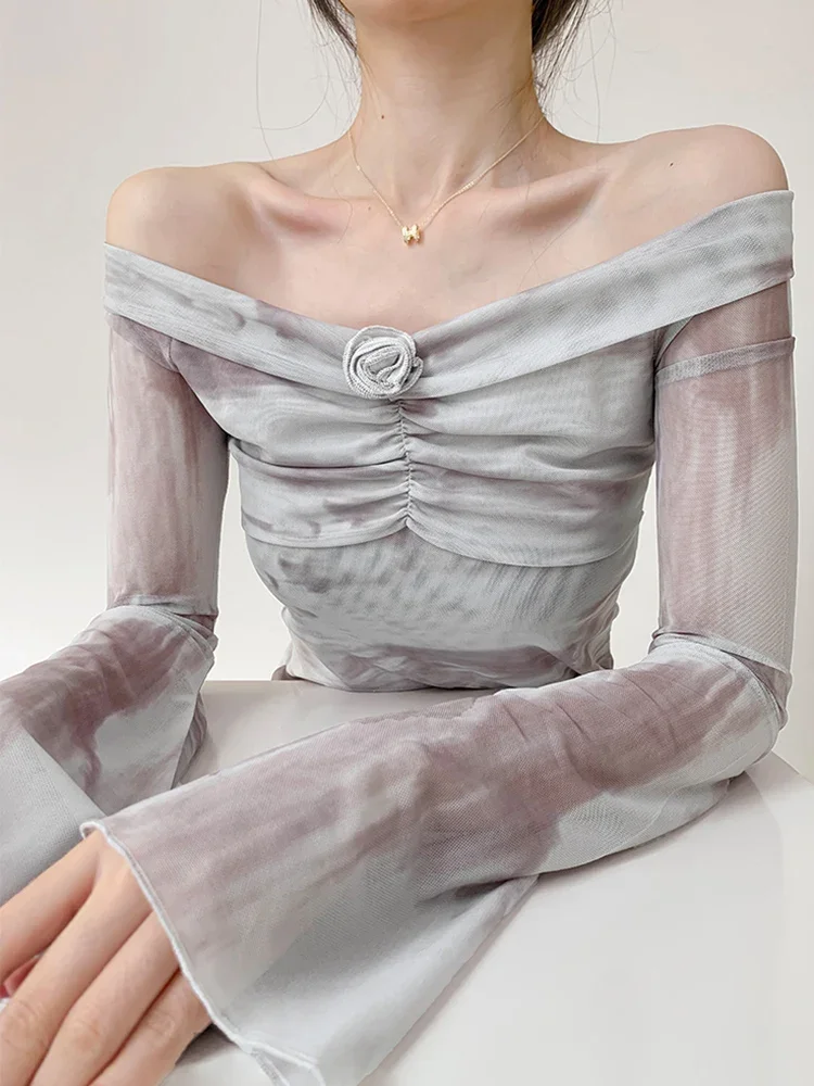 Korean Casual Sweet Slim Design Tees New Sexy Mesh Rose T Shirt Women Elegant Slash Neck Tie Dye Flare Sleeve Cropped Tops