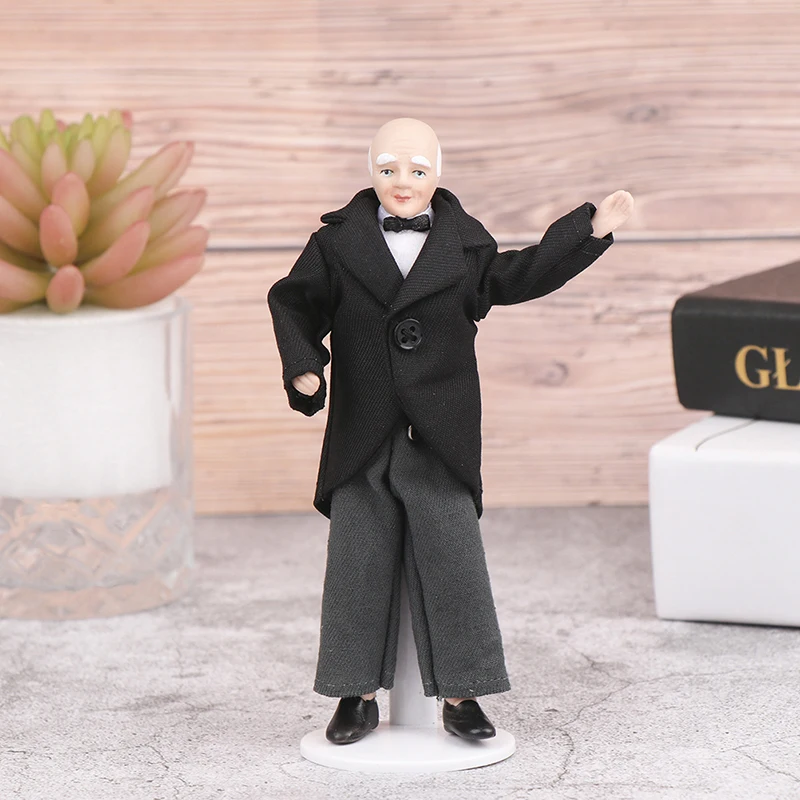 Hot Sale 1:12 Dollhouse Miniature Porcelain Doll Model Old Man Servant Butler Doll Toy