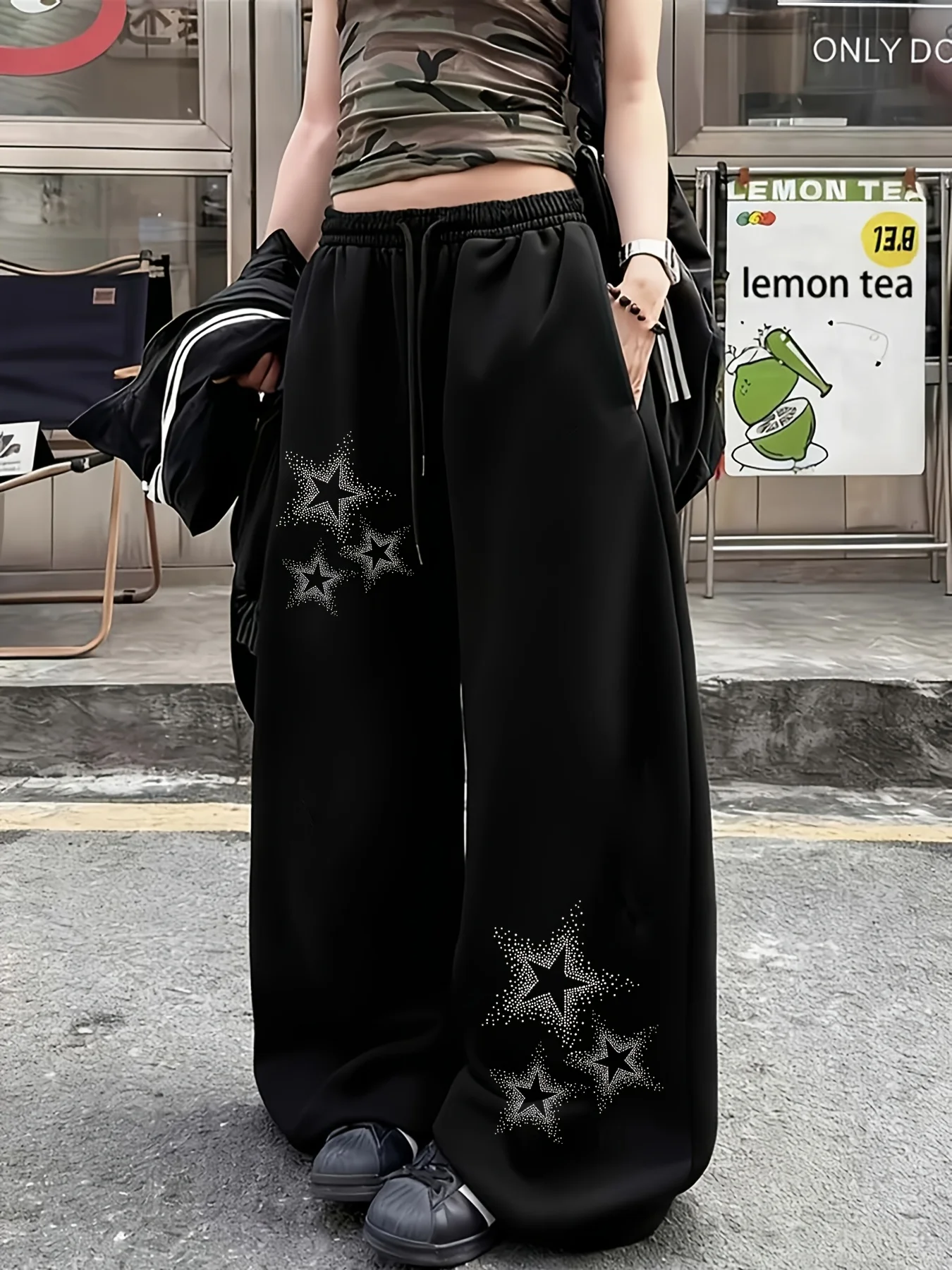 Sweet and Spicy Women's Sports Pants, Artificial Diamond Star Pattern Printed Drawstring Straight Leg Wide Leg Pants