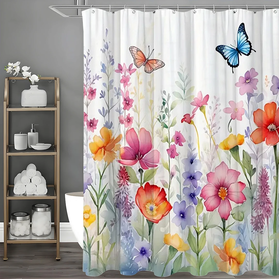 

Занавеска для душа с цветочным рисунком, цветочная бабочка, цветущая весна, акварель, натуральная ботаническая занавеска для душа, водонепроницаемая с крючками