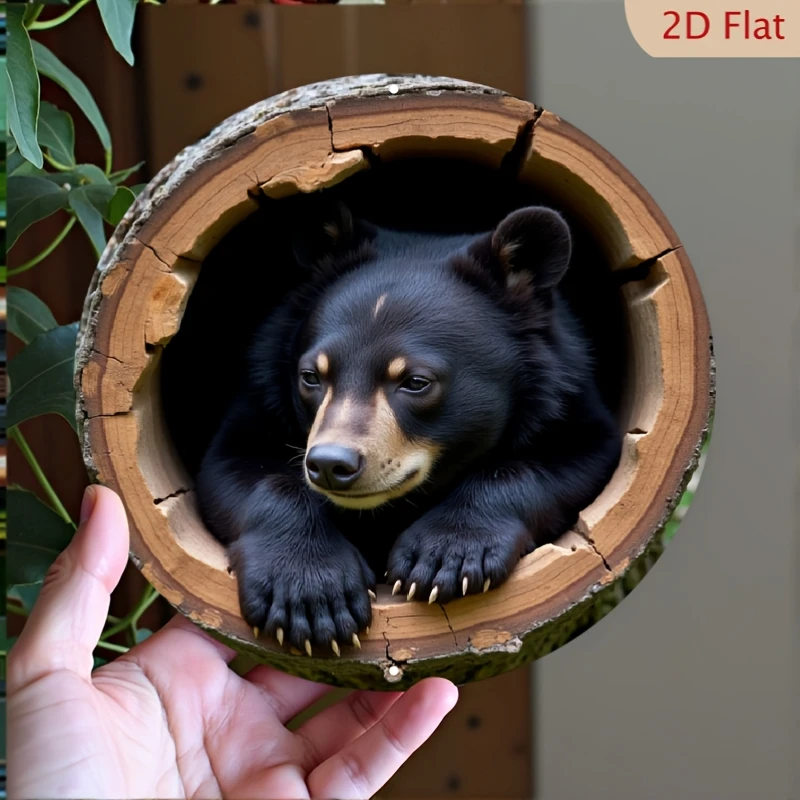 Black Bear Peeking Out Tree Trunk 2D Round Metal Tin Sign 7.87x7.87 Inch Wildlife Rustic Iron Plaque Forest Farmhouse Wall Sign