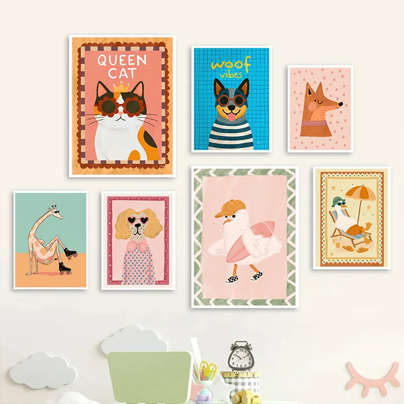 Nordic Cute Animal Wall Poster Funny Dinosaur Duck Dog Cat Fox Illustration Prints Kids Room Nursery Home Decoration Baby Gift