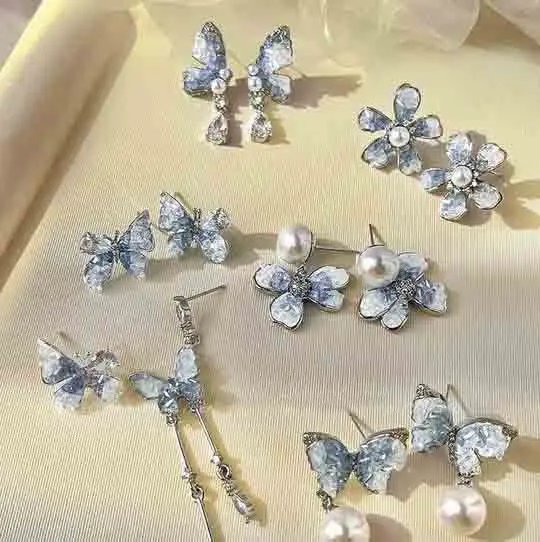 Stud Earrings Blue Crystal Butterfly Flower Delicate Fresh Minimalist  Hypoallergenic Silver Post Office Daily Party Gift Women