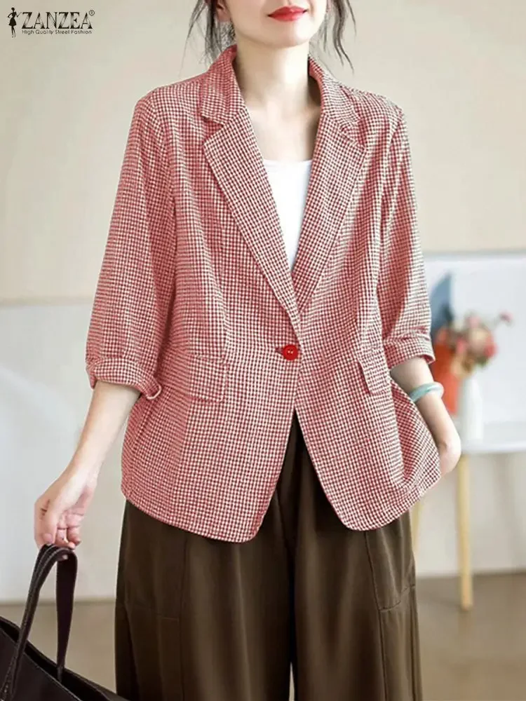 2025 ZANZEA Fashion Musim Gugur Blazer Kotak-Kotak Wanita Lengan Panjang Setelan Kasual Longgar Elegan Mantel Kantor Wanita Musim Dingin Kancing Luaran