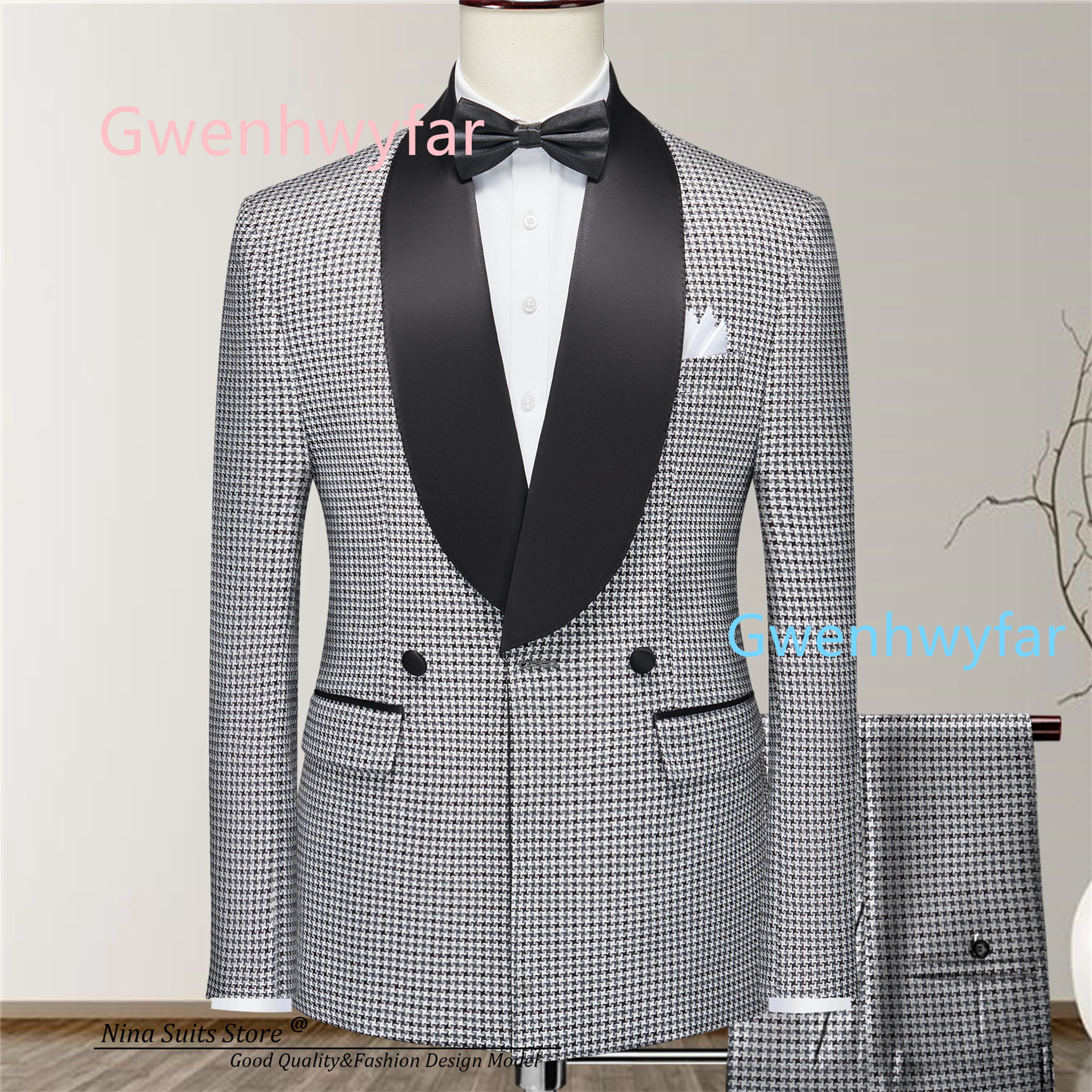 

Мужской клетчатый модный комплект из 2 предметов G&N, новые поступления 2026, двусторонняя куртка с шалью и воротником на пуговицах и брюки, элегантные мужские костюмы для выпускного вечера