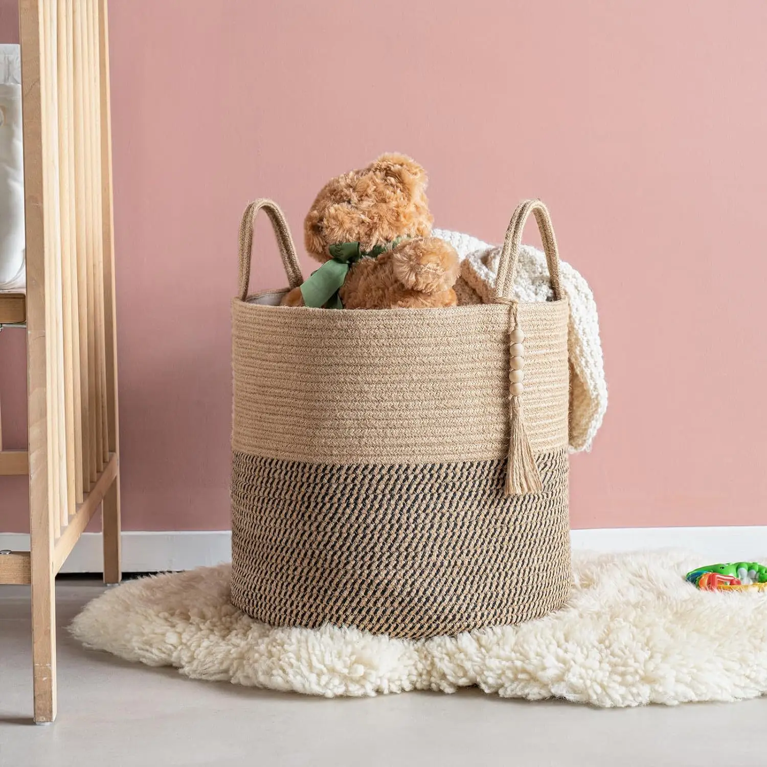 

Handmade Cotton Rope Storage Basket | Laundry Hamper Organizer | Woven Fabric Cloth Bin for Bedroom Living Room Home Decor