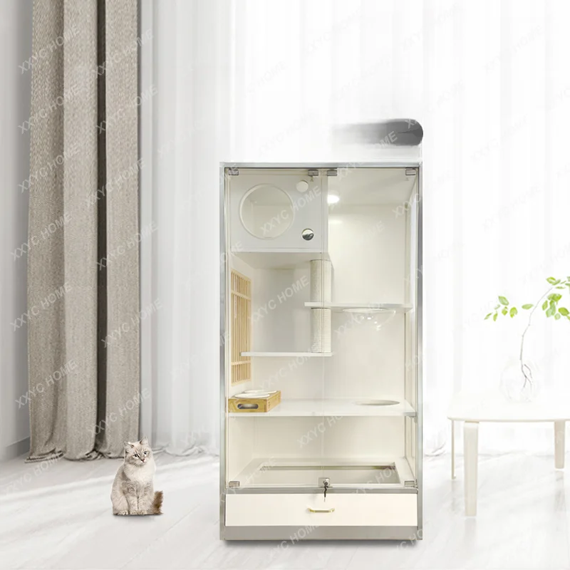 Wood Green Cat Villa Tempered Glass Transparent Luxury Solid Wood Cat Cabinet Home Cattery Cat Coffee Showcase