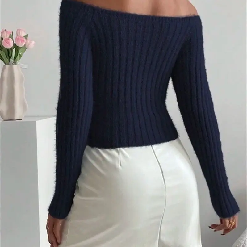 New Autumn-winter Sweater Autumn Knitted Bottom Exposed Shoulder Short Style Long-sleeved Slim Sweater Blouse