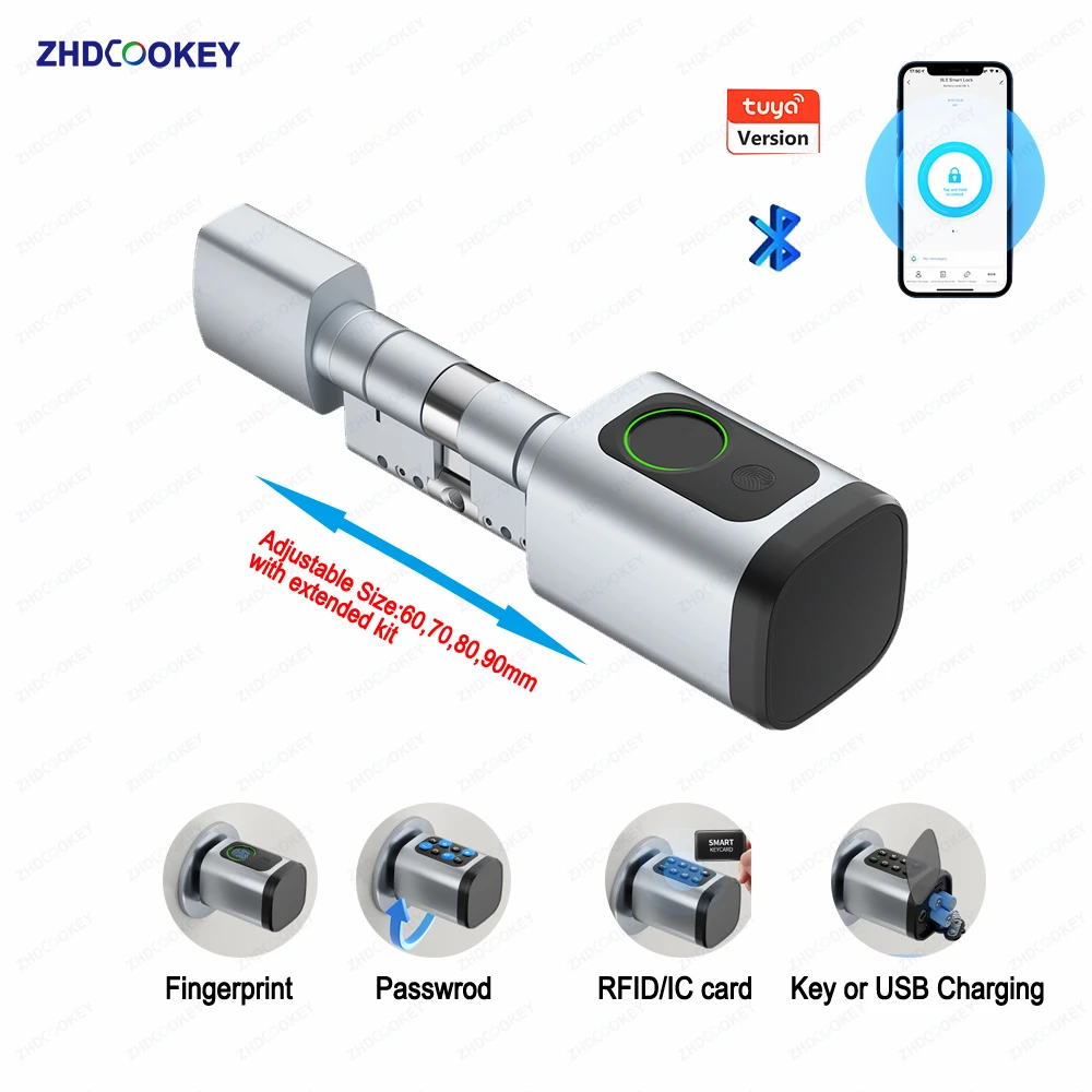 

Smart Euro Cylinder Door Lock Tuya APP BLE Fingerprint Password IC Card Security Key 5 in 1 Adjustable Size Electronic Core Lock