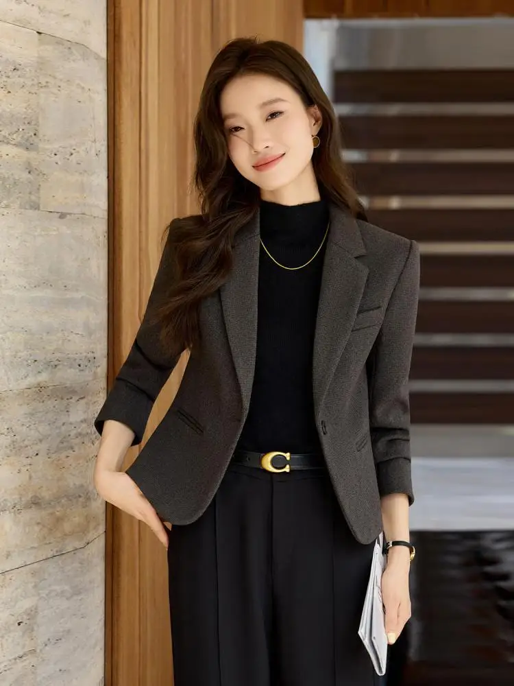

Korean Women Grey Elegant Office Single Breasted Blazer Coat Autumn Winter Brown Long Sleeve Versatile Short Woolen Jacket Trend
