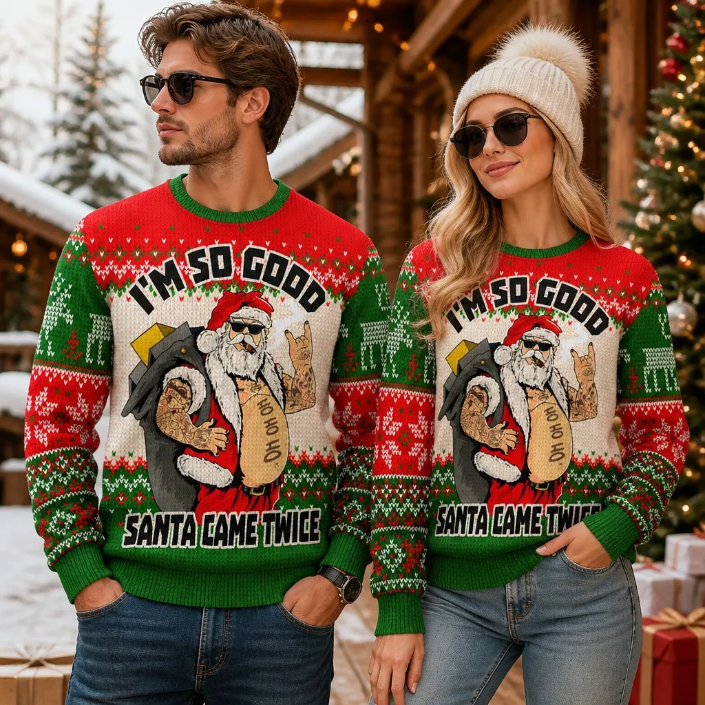 New Arrival Christmas Winter Holiday Wear Unisex Christmas Dwarf Crew Neck Sweater with Fun Print Casual Long Sleeve Pullover