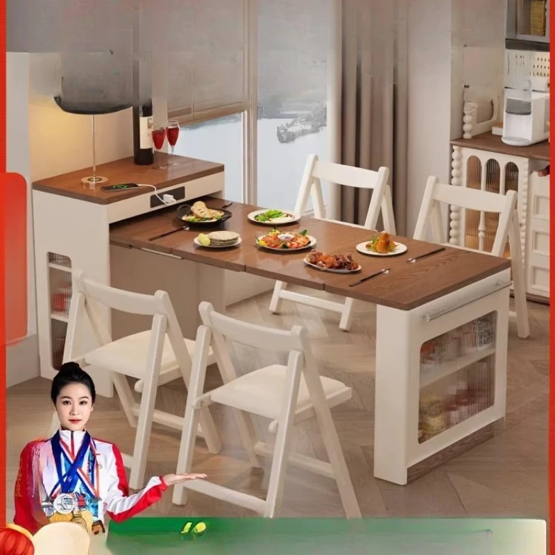 Solid wood island dining table integrated retractable folding household small apartment kitchen island bar