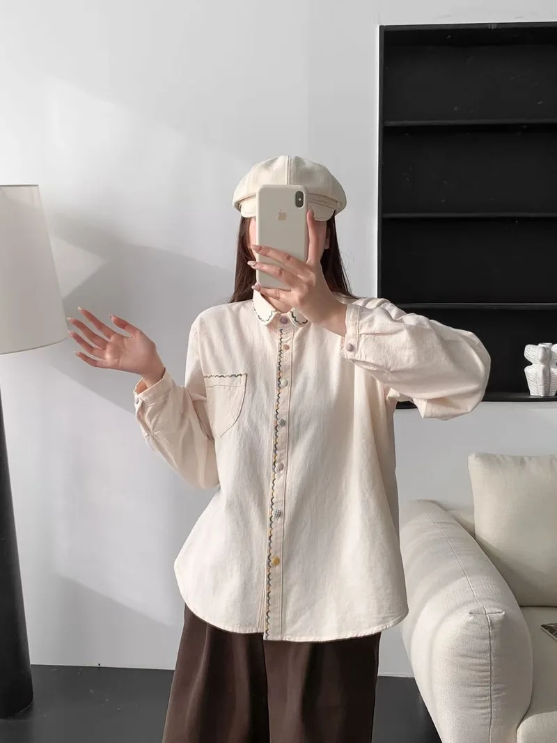 Novo 2026 primavera algodão camisa de manga longa, feminino turn-down colarinho bordado, mori menina estilo preppy chique blusa solta t5d884cc