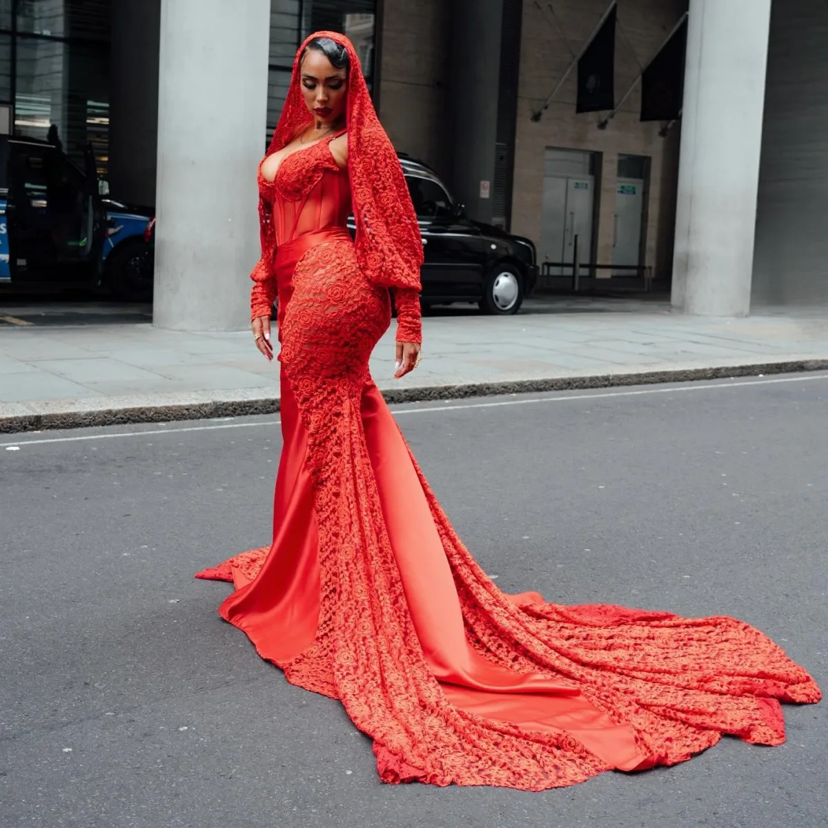 Vestidos de Noche de encaje rojo de talla grande con mangas largas abullonadas, corsé en la espalda, Vestido largo de graduación, vestidos de fiesta de boda Sexy