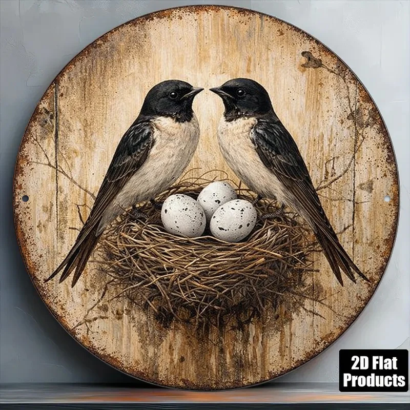 2D Flat, 1pc Vintage Swallow Nesting Wall Plaque - Round Sign Suitable for Living Room, Cafe, Bar Decor, Retro Swallow Bird Deco
