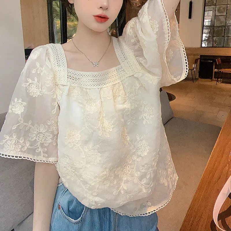 Women Summer Fashion Loose Large Size Simplicity Solid Color Square Collar Short Sleeve Shirts Ladies Casual All-match Top Tee