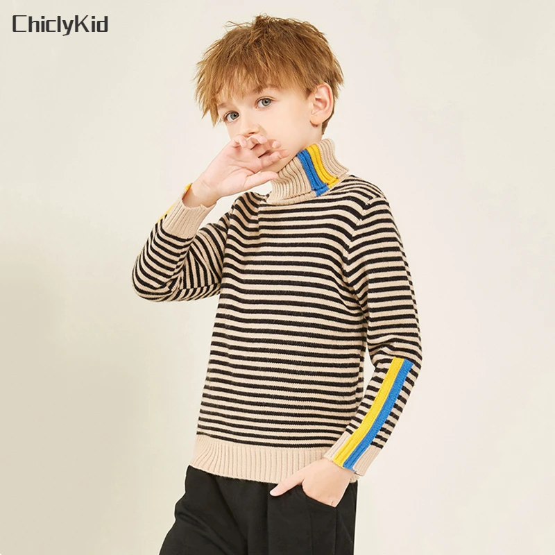 

Boys Winter Thick Turtleneck Striped Sweaters Children High Neck Jumper Warm Pullovers Plush Knitted Top Kids Autumn Knitwear