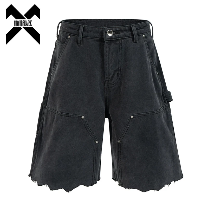 2026 New Vintage Washed Destroyed Denim Shorts Men's Loose Wide Leg Shorts Retro Grunge Distressed Jeans Bottoms