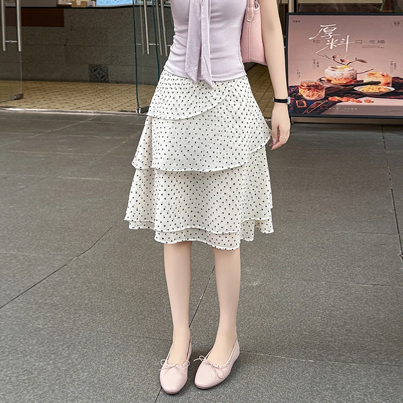 

Женская летняя элегантная асимметричная шифоновая юбка с рюшами, женская юбка А-силуэта с высокой талией в горошек, длина до колена