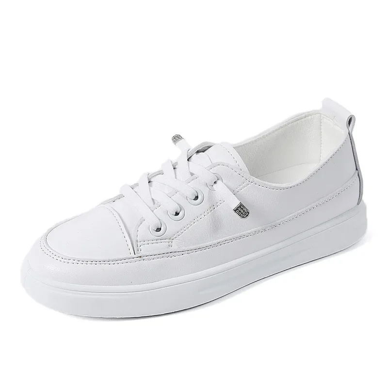 Sapatos de couro vulcanizado para mulheres, tênis casuais, clássicos, cor sólida, branco, moda, novo, primavera