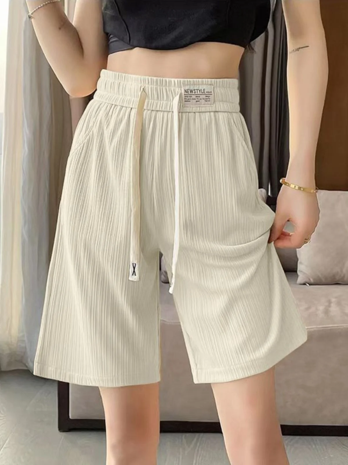 

High Waist Wide Leg Pants Women's Summer Thin Ice Silk Sports Pants New Style Loose Straight Casual Mid-Length Trousers