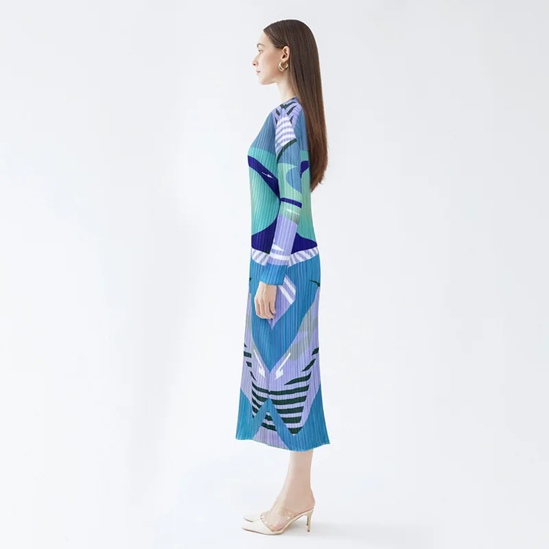 

2023 Spring New Fashion Pleated Slim A- Line Skirt Collar Long Sleeve Personality Print Long Dress