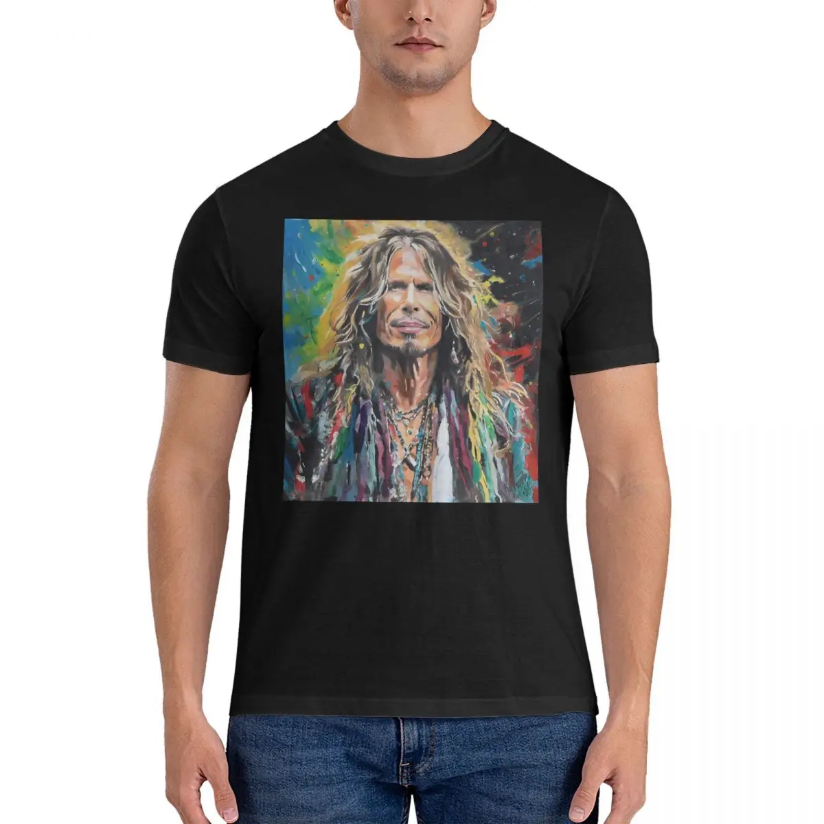 STEVEN TYLER ACRYLIC SPLATTER PAINTING T Shirts Aerosmith Funny Tee Shirt Short Sleeve Crew Neck T-Shirts Cotton Summer