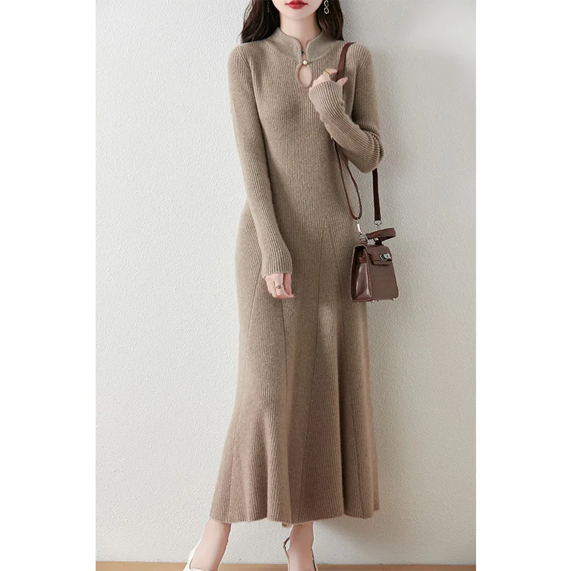 100% Wool Slim Fit Merino Dress Fish Tail Women\'s Autumn Winter French Fashion Drawstring Solid Color Warm Soft Knitted Pullover