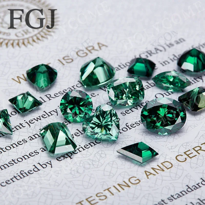 

FGJ Green VVS1 Moissanite Cushion Princess Heart Oval Pear Marquise Asscher Trillyon Radiant Emerald Kite Triangle Cut Jewelry