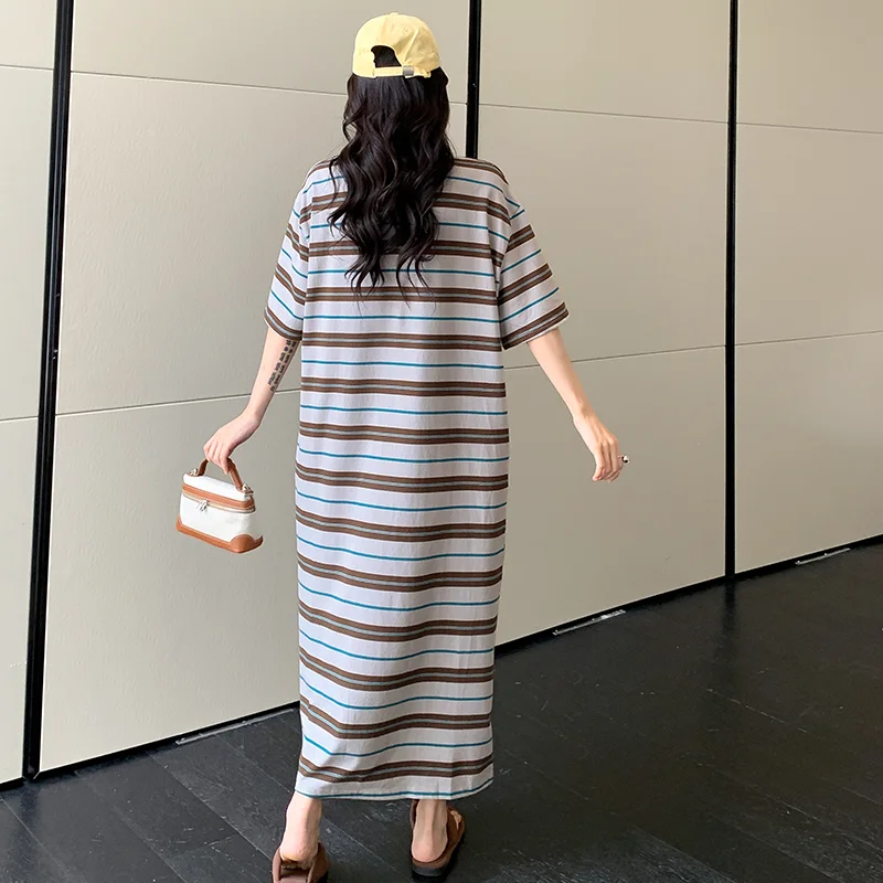 2024 Spring Summer Striped Print Women's Dresses Big Pockets T-Shirts Dress Loose Plus Size Female Robe Lady Vestidos KE56008