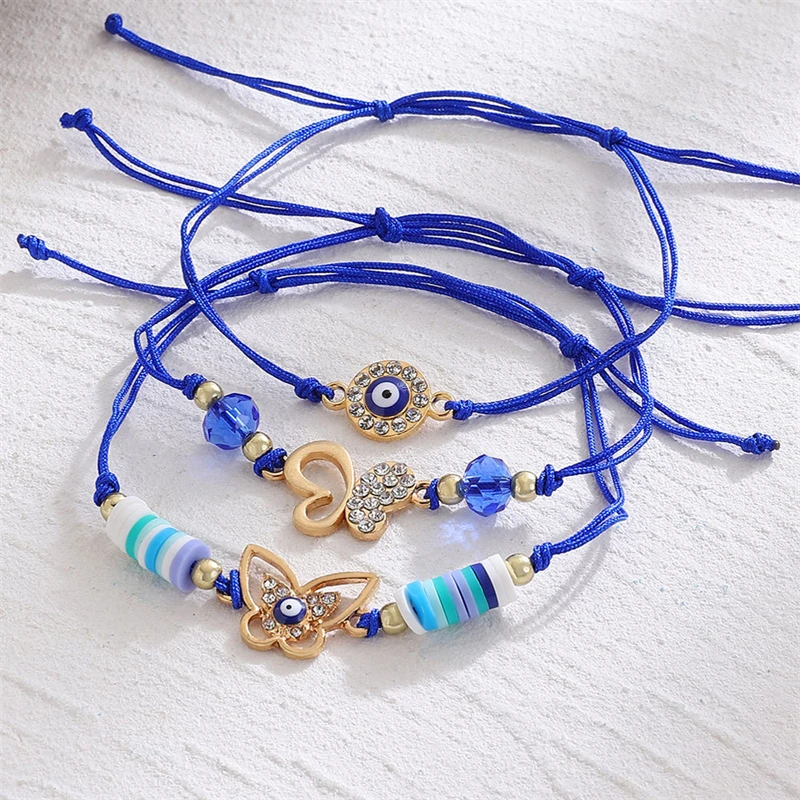 3pcs/set Lucky Turkish Blue Evil Eye Bracelets for Women Men Fatima Hand Hamsa Butterfly Charm Braided Bracelet Handmade Jewelry