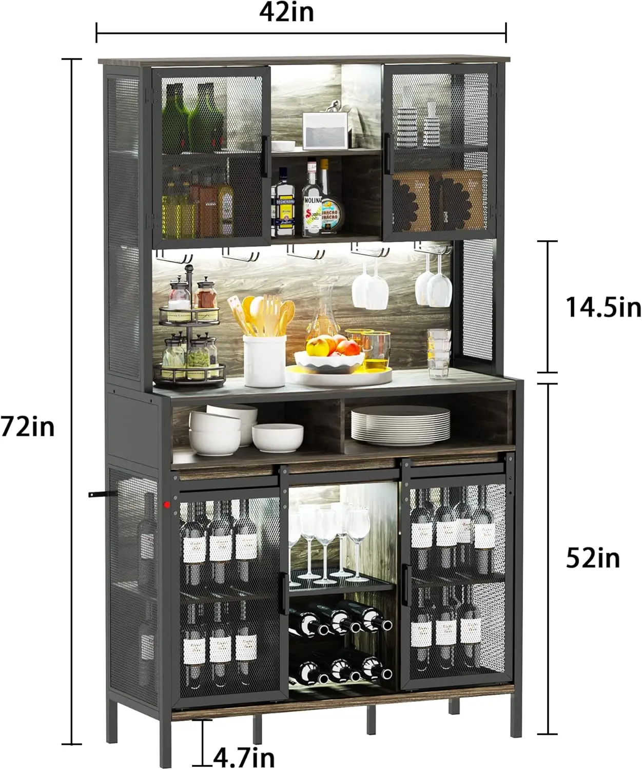 خزانة بار القهوة والنبيذ مع باب الحظيرة المنزلق، وخزانة بوفيه المزرعة مع رف النبيذ وحامل الزجاج، وخزانة تخزين LED