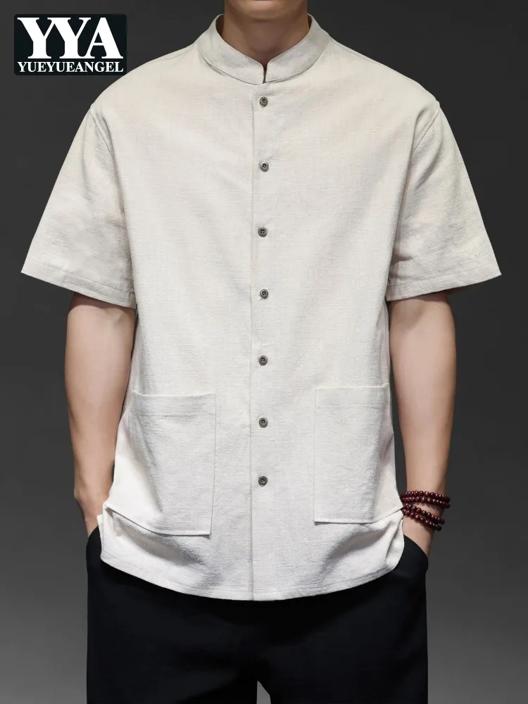 Summer Mens New Chinese Style Stand Collar Shirt Breathable Short Sleeve Thin Coat Loose Pocket Tops Single Breasted Shirts Male