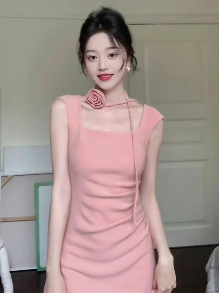 

Розовое платье с бретельками H-образного силуэта, длинное, облегающее, на молнии, для дня рождения, свадьбы, выступлений, для милых девушек