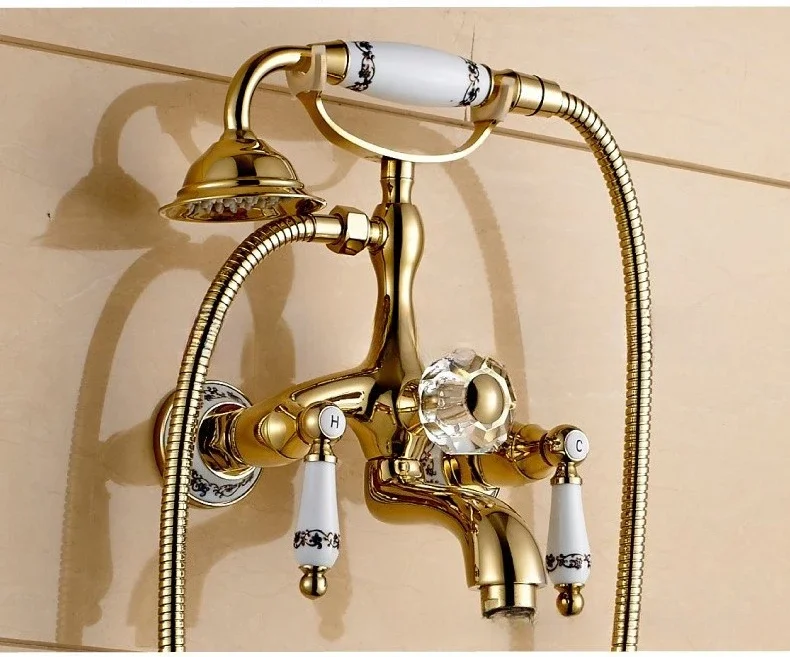 Telepon Antik untuk Dinding dengan Braket, Berlapis Emas Kuningan, Porselen Biru dan Putih, untuk Kamar Mandi