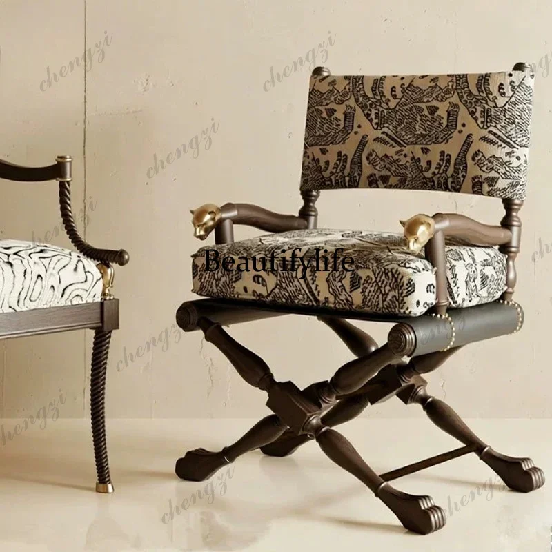 Asmt114   American retro solid wood dining chair, armrest light luxury back chair printed fabric single chairA74